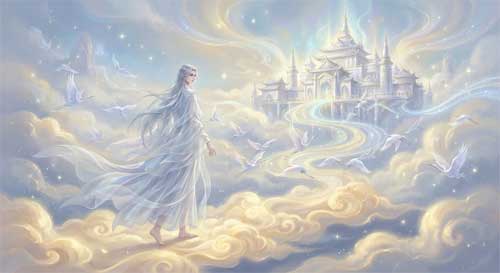 Ilustración etérea de una figura ambigua vestida con ropas flotantes blancas y azules caminando sobre nubes hacia un palacio celestial, con grullas volando alrededor y una luz misteriosa
