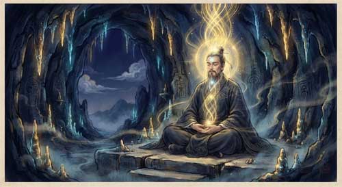 Ilustración de un ermitaño taoísta meditando en una cueva luminosa con cristales, visualizando una luz dorada ascendiendo por su columna vertebral, simbolizando la circulación interna de energía