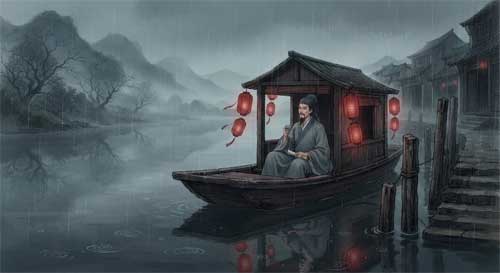 Ilustración estilo tinta china de un poeta Tang sentado en una barca bajo la lluvia fina, con faroles rojos reflejándose en el agua oscura y siluetas de pabellones al fondo
