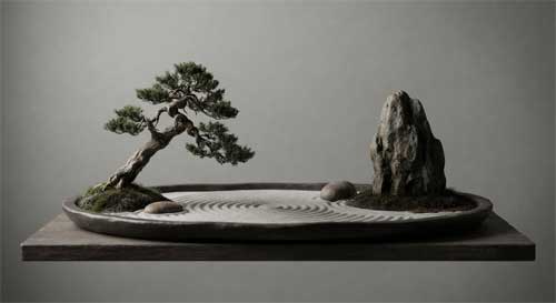 Composición equilibrada de penjing donde una roca vertical, un árbol inclinado y un espacio vacío que sugiere agua conviven en armonía