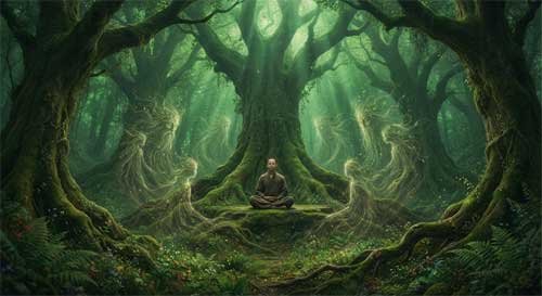 Bosque antiguo denso con árboles gigantes, figuras translúcidas etéreas de espíritus arbóreos rodeando a una figura meditativa central, luz verde filtrada por hojas, atmósfera mágica y respetuosa