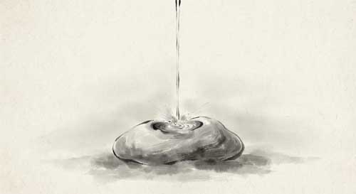 Representación minimalista de un hilo de agua constante erosionando una piedra