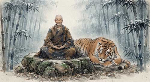 Ilustración de un monje anciano sentado serenamente junto a un tigre dormido a sus pies, en un bosque de bambú nevado, simbolizando la domesticación de la mente salvaje