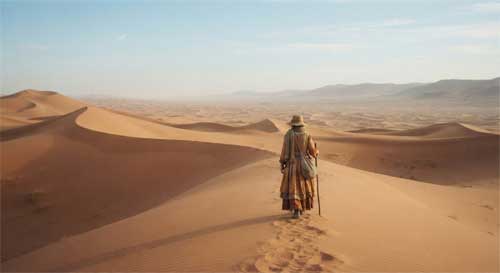 Mujer mayor caminando sola por un paisaje desértico con dunas de arena, vista desde atrás, atmósfera onírica