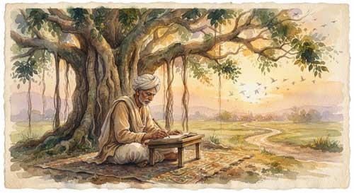 Poeta indio con turbante blanco escribiendo bajo un árbol banyan al atardecer, con pájaros volando y luz dorada suave, atmósfera contemplativa y serena, estilo acuarela artística