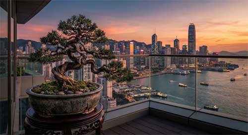 Vista moderna de Hong Kong con rascacielos de fondo y un primer plano detallado de un penjing exquisito en un balcón