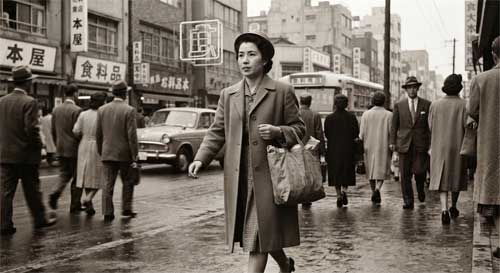 Mujer japonesa de mediana edad caminando con paso firme por una calle urbana moderna de los años 50, llevando una bolsa de compras, estilo fotografía antigua en blanco y negro con toque sepia