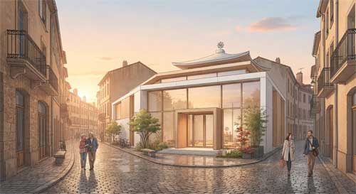 Templo budista moderno integrado en un paisaje urbano europeo, simbolizando la adaptación y el diálogo intercultural
