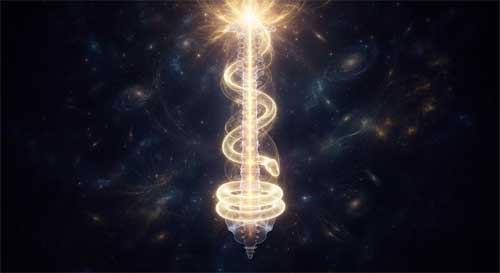 Energía luminosa en forma de serpiente enrollada tres veces y media en la base de una columna vertebral translúcida, comenzando a ascender con brillo dorado