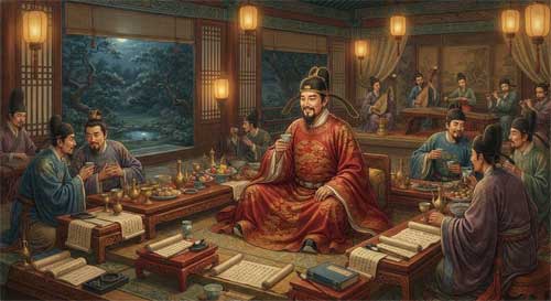 Funcionario tang con ropas oficiales rojas sentado en banquete nocturno, rodeado de copas de vino y pergaminos, atmósfera de lujo y camaradería literaria, estilo pintura tang