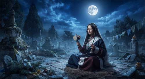 Figura femenina en un cementerio nocturno bajo la luna llena, tocando un tambil ritual, simbolizando la práctica del Chöd