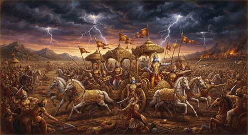 Ilustración épica del campo de batalla de Kurukshetra con carros de guerra antiguos, arcos tensos y una atmósfera dramática bajo un cielo tormentoso, simbolizando el conflicto interior y exterior