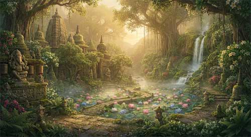 Jardín secreto hindú-budista con flores de loto y arquitectura antigua, evocando el reino de Oddiyana