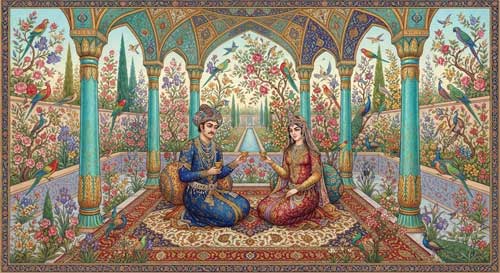 Ilustración estilo miniatura persa con colores vibrantes lapislázuli y oro, mostrando una pareja real en un pabellón abierto rodeado de cipreses y flores estilizadas, con patrones geométricos complejos en los bordes
