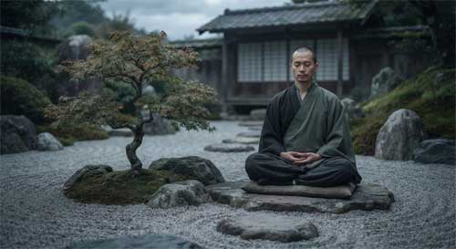 Monje zen meditando junto a un pequeño árbol en un jardín de piedra minimalista