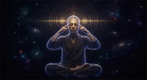Persona meditando con manos tapando suavemente los oídos (Shanmukhi Mudra), ondas sonoras doradas vibrando desde el centro de la cabeza hacia el exterior, fondo oscuro místico