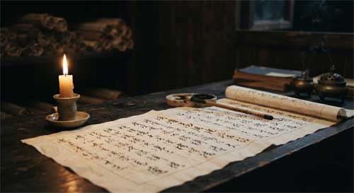 Manuscrito antiguo chino con caligrafía elegante sobre papel de arroz, iluminado por una vela