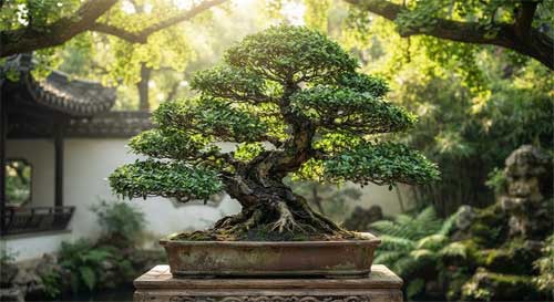 Árbol frondoso de estilo Lingnan con copa densa y ramificación fina, luz solar filtrada