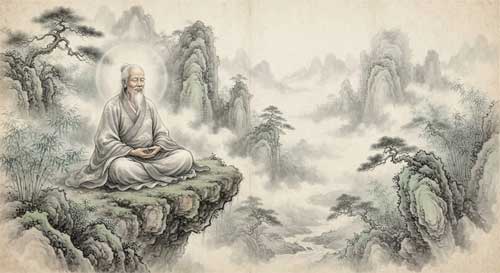 Representación mística de un inmortal daoísta meditando junto a un paisaje de rocas y niebla