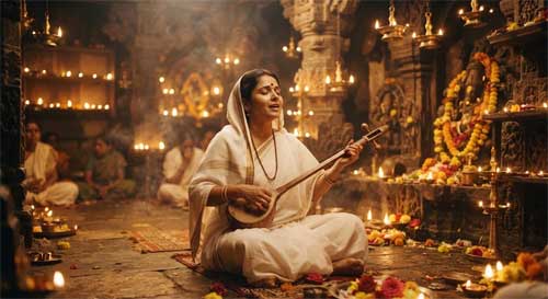 Mujer vestida de blanco cantando con un ektara en un templo iluminado por lámparas de aceite