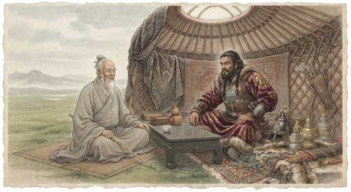 Monje taoísta de barba blanca hablando serenamente con guerrero mongol barbudo en tienda de campaña esteparia, contraste entre sencillez taoísta y lujo nómada, estilo pintura histórica china