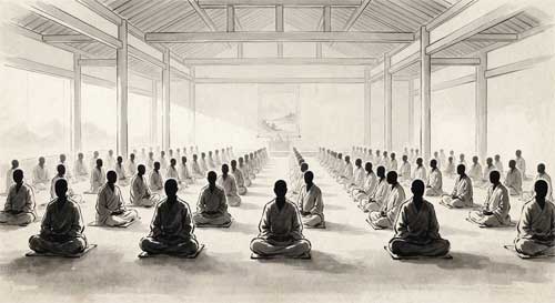 Filas de practicantes sentados en meditación silenciosa, estilo minimalista