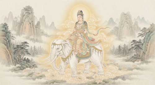 Bodhisattva Samantabhadra montado sobre un elefante blanco de seis colmillos, rodeado de luz dorada suave