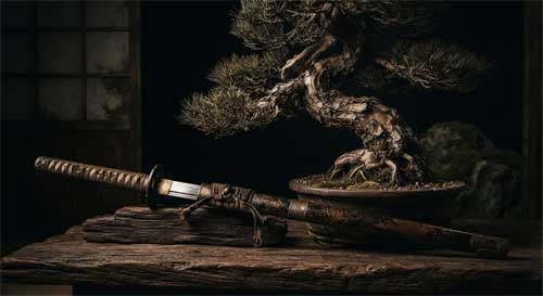 Espada samurái descansando junto a un bonsai robusto y antiguo, simbolizando la unión entre fuerza marcial y paz natural