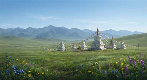 Paisaje mongol con estupas budistas y naturaleza salvaje, simbolizando la conexión entre espiritualidad y ecología