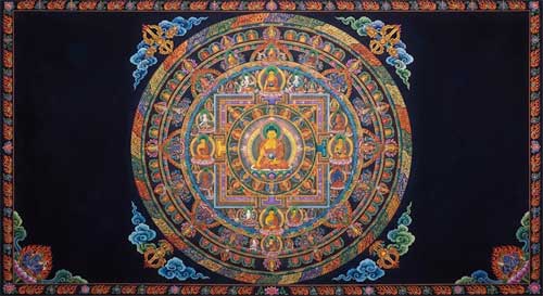 Mandala complejo y colorido con deidades budistas simétricas, representando el cosmos interconectado del Shingon