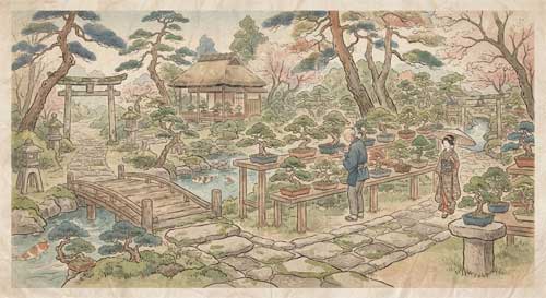 Grabado estilo ukiyo-e de un jardín japonés antiguo con pequeños árboles en macetas, evocando la era Edo