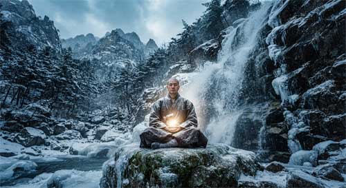 Monje coreano en meditación intensa bajo una cascada helada o en la nieve, simbolizando la austeridad extrema y la determinación férrea del Sŏn tradicional