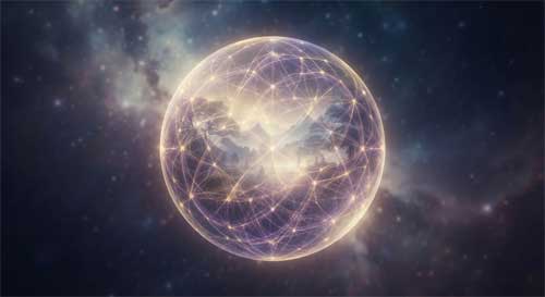Esfera translúcida compuesta por hilos luminosos entrelazados que forman una red infinita, simbolizando la vacuidad como interdependencia universal