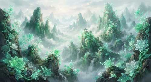 Paisaje onírico con flores de jade translúcidas emergiendo de montañas chinas neblinosas