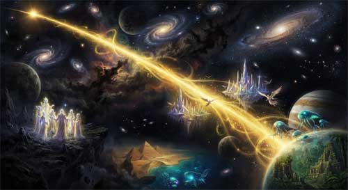 Haz de luz dorada atravesando galaxias y mundos oscuros, iluminando seres en diferentes planos de existencia