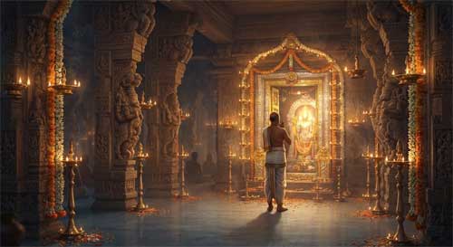 Ilustración de un templo hindú del sur de la India con lámparas de aceite encendidas, flores frescas y un sacerdote realizando un ritual, con una atmósfera de profunda devoción y misterio