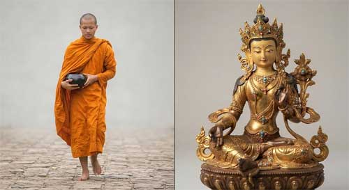 Composición dividida mostrando un monje theravada con túnica azafrán y una estatua mahayana de bodhisattva ornamentada
