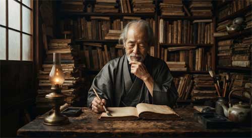 Retrato artístico de un filósofo japonés en un estudio lleno de libros antiguos, con luz tenue y atmósfera de reflexión profunda