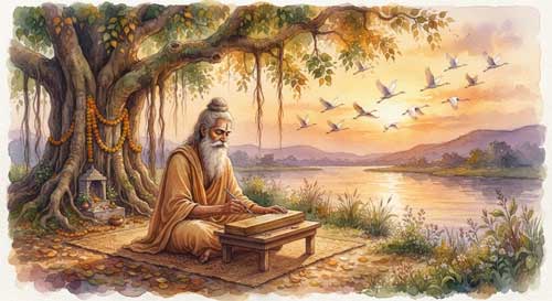 Representación artística de Valmiki escribiendo versos sánscritos sobre hojas de palma junto al río Tamasa, con una grulla en vuelo al fondo