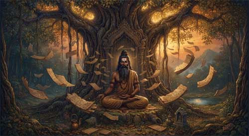 Ilustración de Vyasa sentado en meditación profunda bajo un árbol antiguo, rodeado de manuscritos flotantes y símbolos cósmicos sutiles, con una luz dorada emanando de su frente