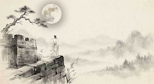 Silueta de un poeta contemplando la luna sobre una muralla antigua