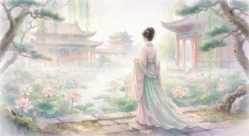 Ilustración de una dama Tang observando flores de loto en un estanque palaciego, con vestimenta de colores pastel y una actitud de contemplación silenciosa, arquitectura tradicional al fondo
