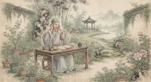 Erudito chino sentado solo en un jardín tranquilo cuidando de su propia salud, rodeado de plantas medicinales y libros, atmósfera de introspección y autocuidado, estilo pintura china tradicional
