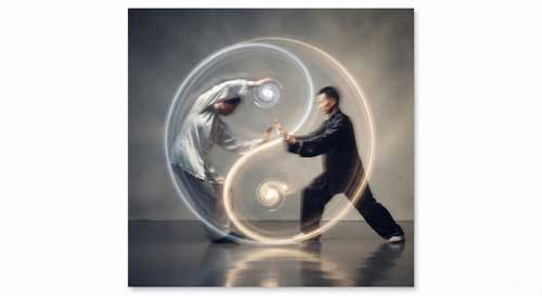 Representación dinámica del símbolo Yin-Yang formado por dos practicantes de Tai Chi en movimiento fluido, uno empujando suavemente y otro cediendo, fondo neutro elegante