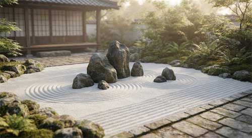 Jardín zen minimalista con piedras cuidadosamente dispuestas sobre arena rastrillada, simbolizando la calma y la disciplina meditativa