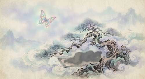 Mariposa multicolor flotando entre nubes oníricas con silueta difusa de hombre durmiendo bajo árbol retorcido, estilo pintura china tradicional con toques surrealistas
