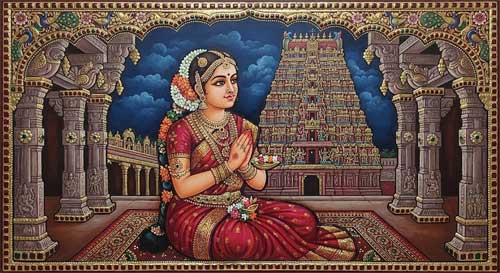 Ilustración estilo pintura tanjore mostrando a una joven mujer con flores en el pelo mirando hacia un templo con devoción