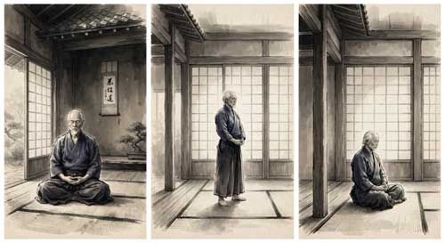 Maestro de artes marciales en postura meditativa dentro de un dojo tradicional con luz suave