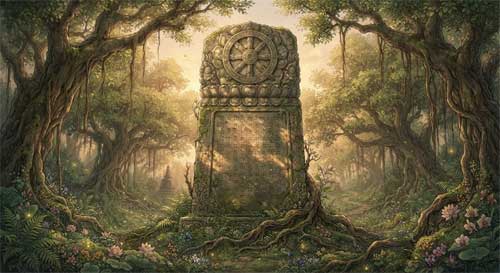 Ilustración histórica de un rey antiguo recibiendo consejo de un monje sabio, con pilares de piedra budistas al fondo, estilo pintura clásica india