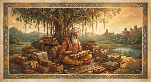 Ilustración estilo miniatura india mostrando a un escriba cortesano bajo un árbol con rollos de pergamino
